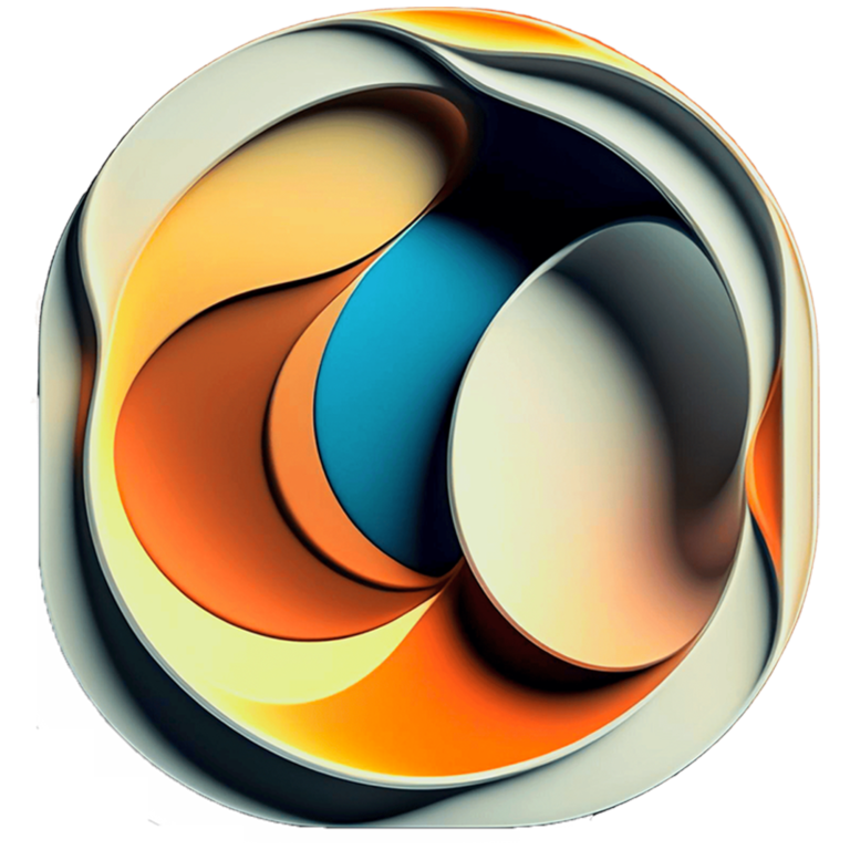 Logo abstrait et moderne de Plaxes, avec des formes fluides en 3D et des couleurs dynamiques comme l'orange, le bleu et le crème, symbolisant l'innovation et la collaboration.
